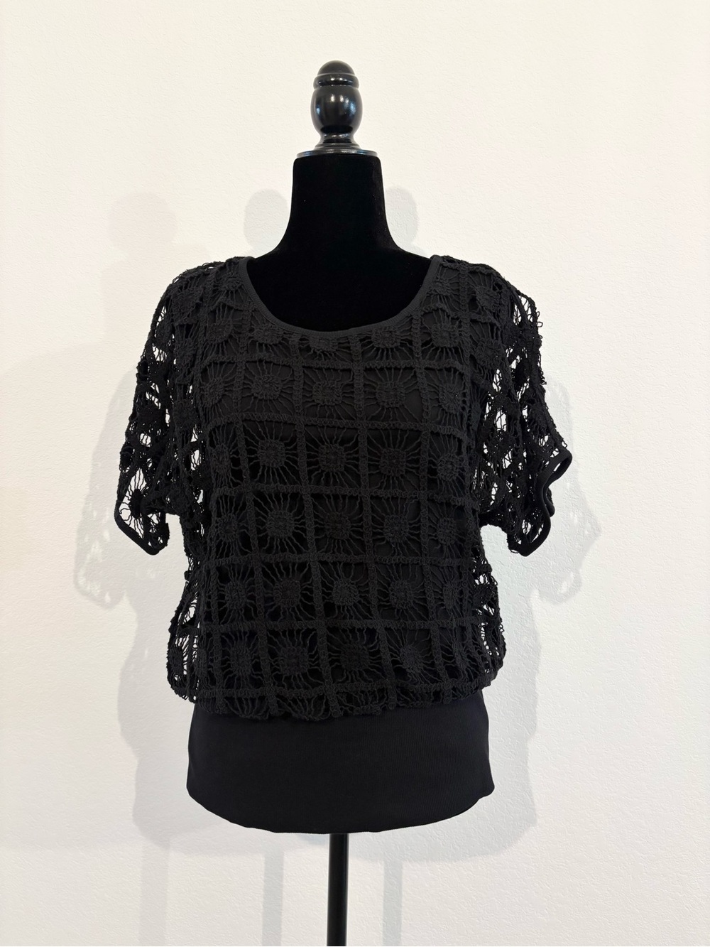 Chico’s Black Crochet Overlay Short Sleeve Top